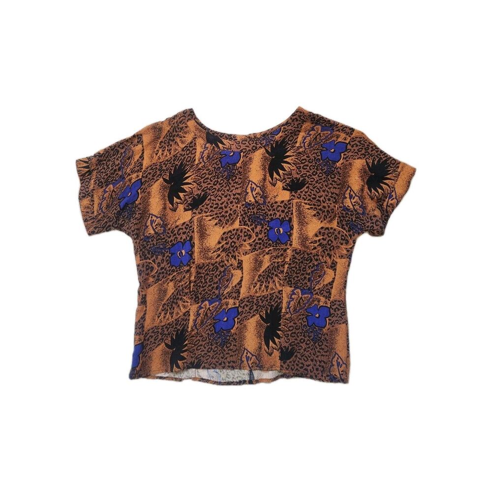 VTG Tess Rayon Blouse Leopard Floral Abstract Print Brown Blue Short Sleeve Sz 8